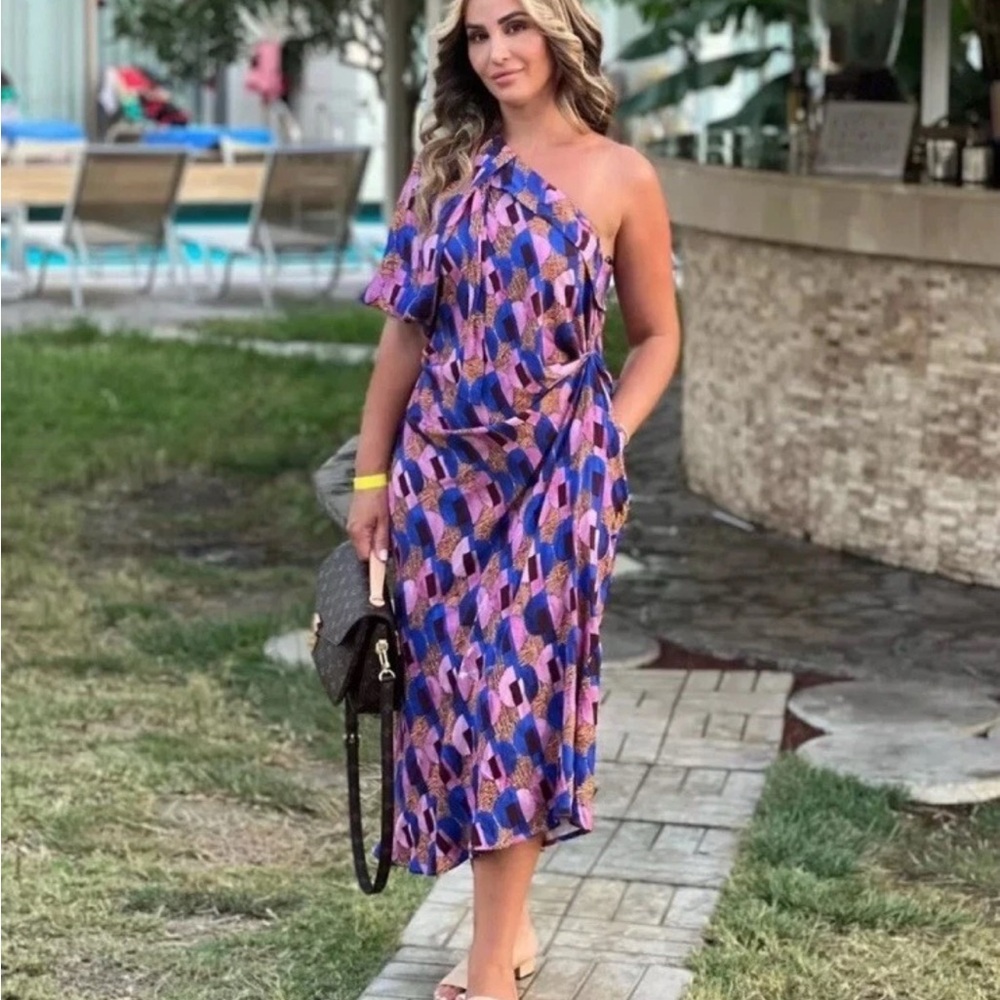Zara One-Shoulder Blue and Pink Midi Dress limited edition